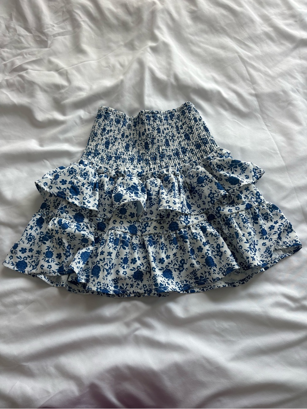 Blue Floral Ruffled Smocked-Waist Skirt